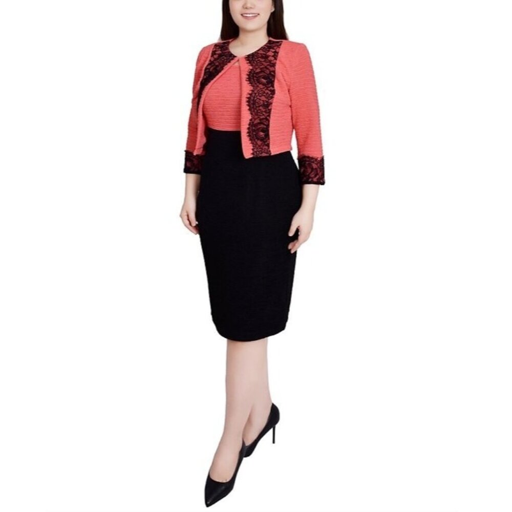 NY Collection Petite Lace-Detail 2 Piece Knit Dress Set Black Size 4P MSRP $62